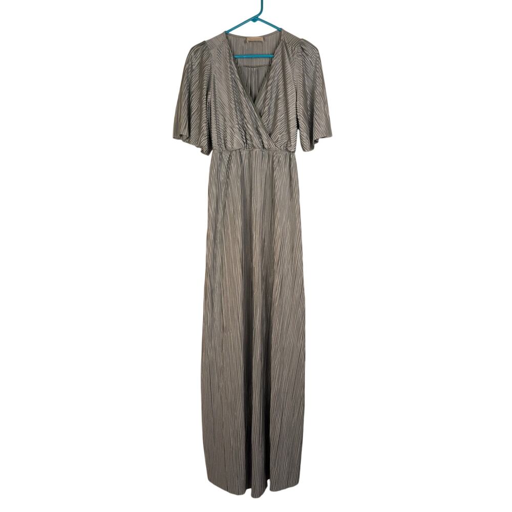 Bella Ella sage green satin plisse pleated maxi dress Size Sm Glam Minimal Retro